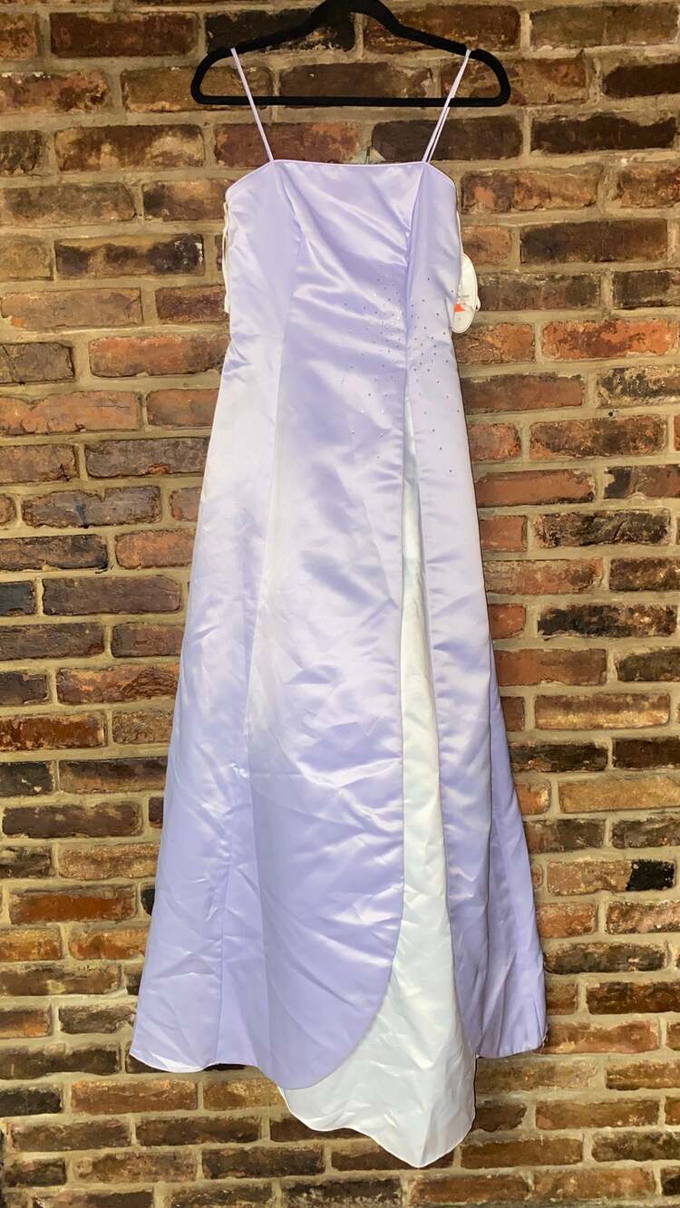 Rebecca FLAWED Lilac Purple White Satin Embellished Gown Dress Womens Size Small